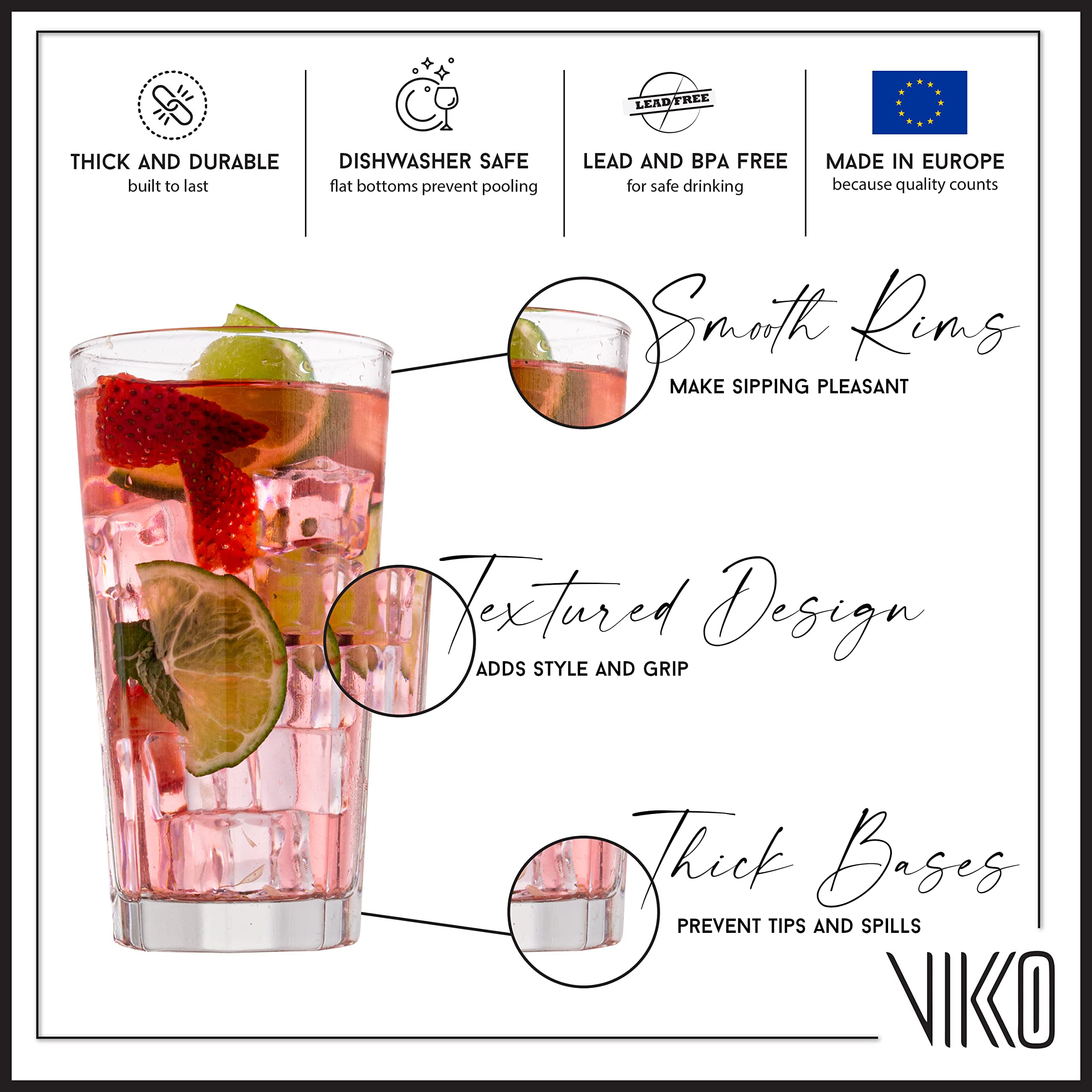 Vikko Drinking Glass, Set of 12 Tall Beverage Glasses, 12.25 Ounce Highball  Glasses, Dishwasher Safe Collins Glass