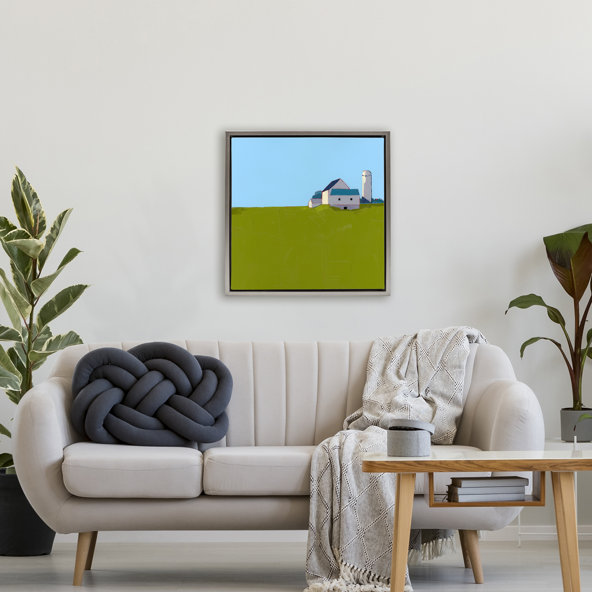 Farmland Silo in Distance Gray Framed Floater Canvas Wall Art, design by Ruth LaGue