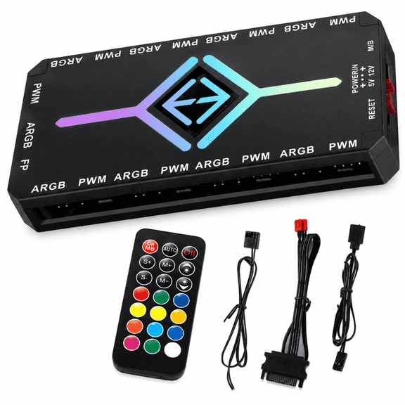 QXWPBV ARGB PWM PC Fan Hub Controller, 9-Port, 5V 3-Pin ARGB, 4-Pin PWM, SATA Powered, Remote Control, Black