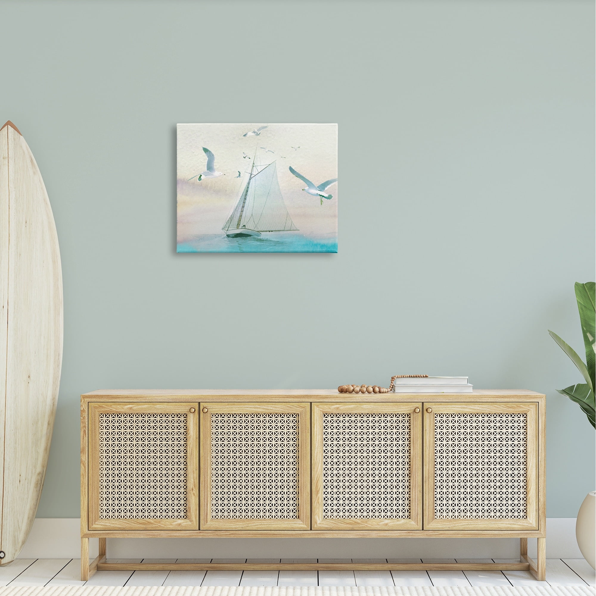 Stupell Seagulls Flying Ocean Sailboat Landscape Painting Gallery Wrapped Canvas Print Wall Art