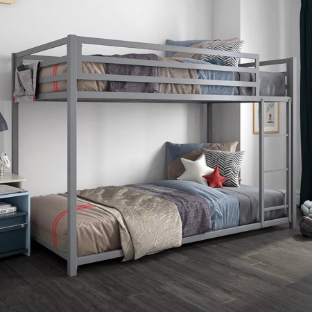 LIFEI Miles Low Metal Bunk Bed Frame for Kids, With Built-in Ladder, High Guardrail and Metal Slats, Floor Bed Bottom Bunk, No Boxspring Required, For Small Spaces, Twin-Over-Twin, Silver