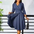 thumbnail image 2 of AURA Plus Size V Neck A Line Midi Dress High Waist Pleated 3 4 Sleeve Belted Elegant Fall Winter Work Dress, 2 of 10