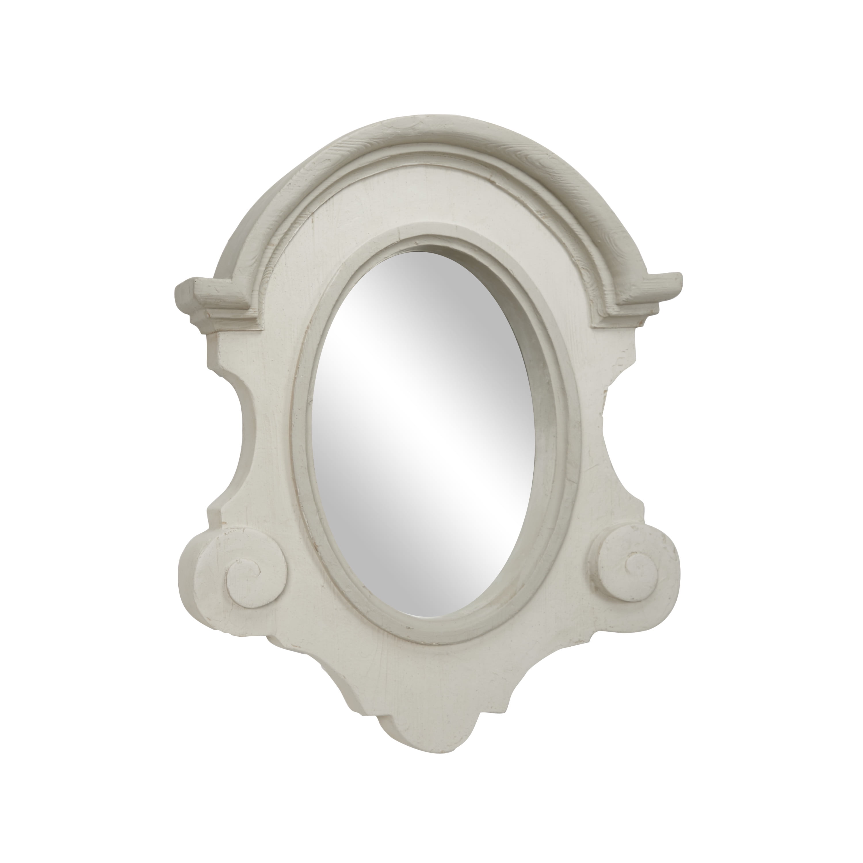 Decmode - 34.5” x 43” Large Antique Light Gray Wood Oval Wall Mirror w/ Arched Frame & Carved Scrolls