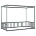 thumbnail image 6 of Bellemave Twin Size Canopy Bed Frame, Wood 4 Poster Tents Floor Bed with Fence, Low Profile Platform Beds for Toddler Kids Teens Adults（Gray), 6 of 7