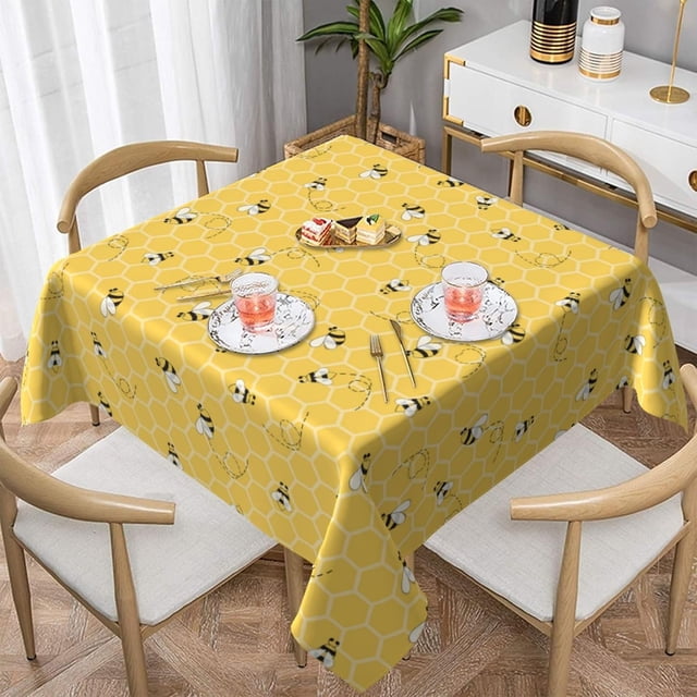 Summer Outdoor Tablecloth Square 54x54 Inch,Mustard Yellow Bee Table Cloth,Stain Resistance Polyester Honeycomb Farmhouse Table Covers for Kitchen Dining,Small Tablecloth for Parties Picnic