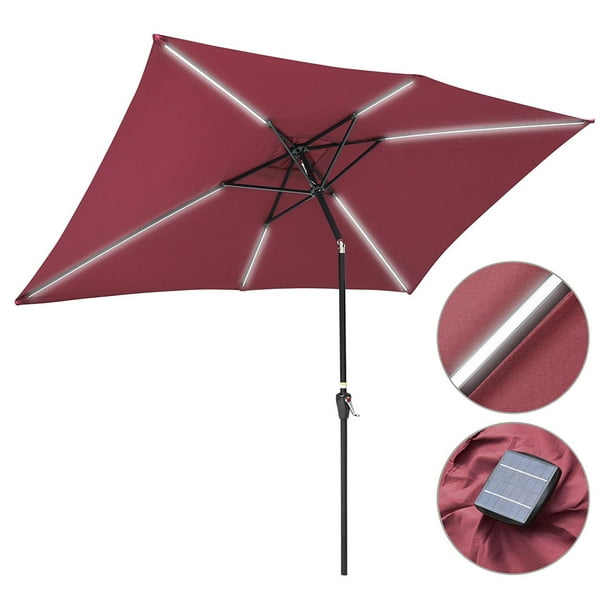 10x6ft Rectangle Solar LED Lighted Patio Umbrella with Tilt and