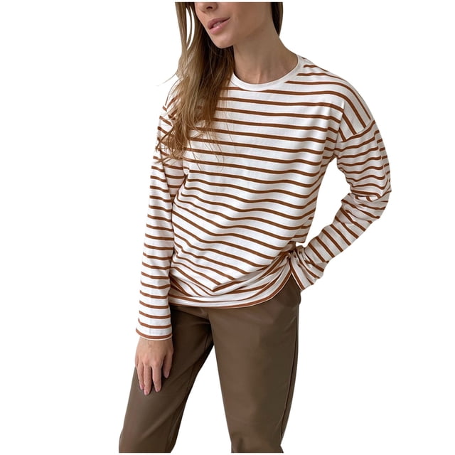 Besolor T-Shirts à Rayures à Manches Longues pour Femmes, Basiques et Décontractés, Col Ras du Cou, T-Shirts pour Femmes, Tuniques Légères d'Automne