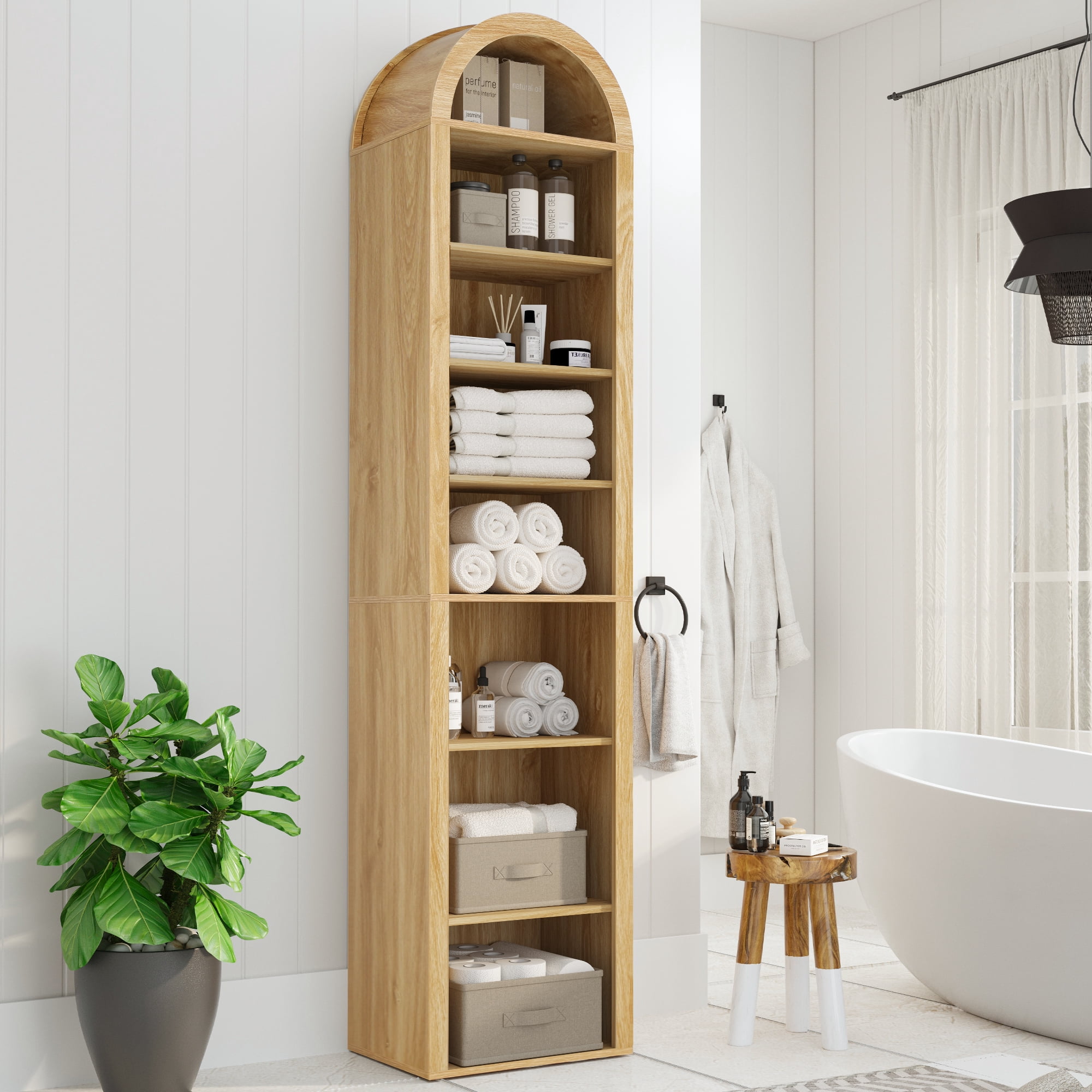 LEFHDA Narrow 8-Tier Arched Bookcase – Oak, 15.7-Inch Wide Open Shelf for Books, Media Storage (CD/DVD), Bathroom, or Entryway