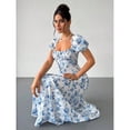 thumbnail image 3 of Blue And White Floral Print Square Neck Puff Sleeve Maxi Dress For Women, 3 of 5