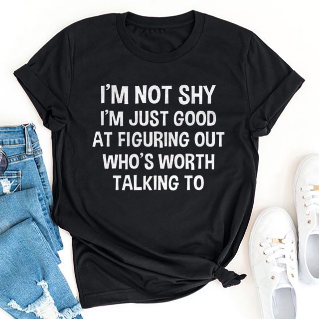 RXIRUCGD Chemises pour Femmes Mode Été Ample Col Rond Imprimé Lettre Manches Courtes Haut T-Shirt Noir Hauts pour Femmes