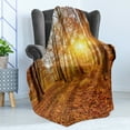 thumbnail image 4 of Forest Soft Flannel Fleece Blanket, Foggy Sunset Vibrant Sunbeams Rural Country Woodland in Fall Scenery Image, Cozy Plush for Indoor and Outdoor Use, 50" x 70", Orange Brown Yellow, by Ambesonne, 4 of 5