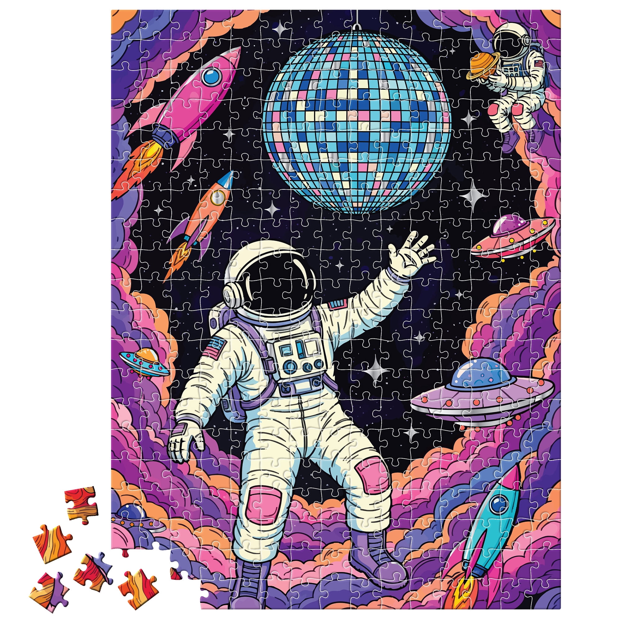 Vivid by Brea Reese: 300 Piece Puzzle - Disco Orbit - Astronaut Space Dance Scene Jigsaw, Soft-Touch Pieces, Metallic Foil, Image Reference Poster