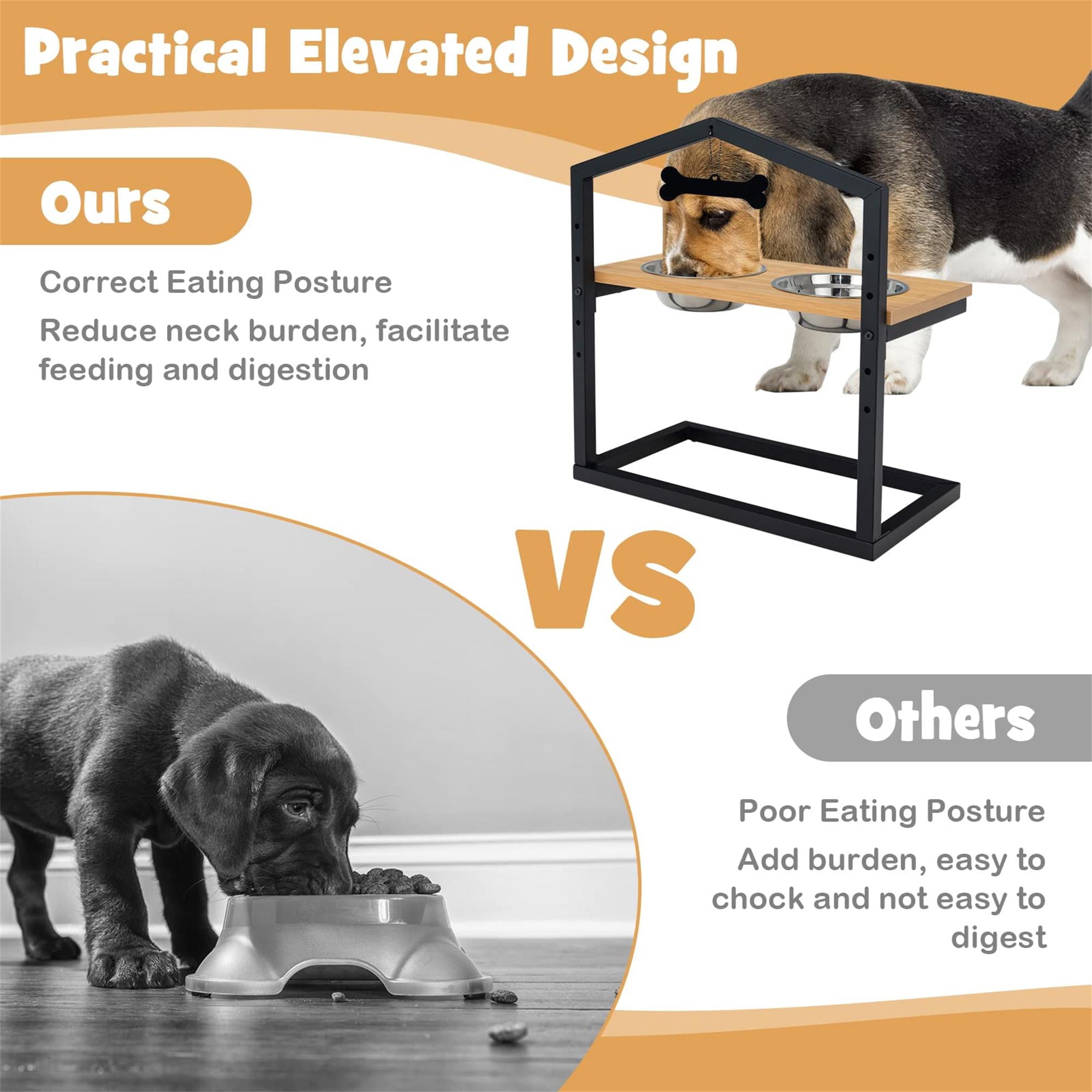 Kadyn 9"-17" Elevated Pet Feeder with 2 Stainless Steel Dog Bowl, Pet Food Bowls for Feeding Small Medium Dogs Cats Puppies, Beige
