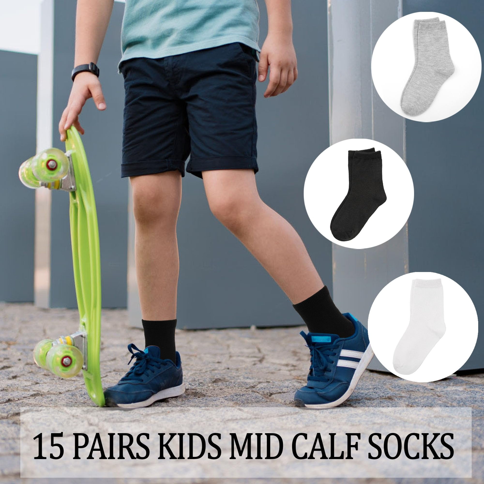 15 Pairs Toddler Socks Kids Socks Boys Crew School Athletic Mid Calf Dress Socks for 1-13 Years Boys Girls Children