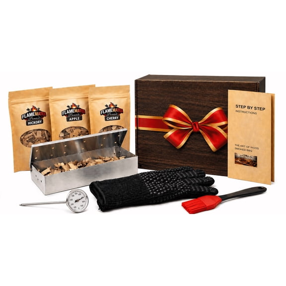 Deluxe BBQ Smoker Kit with Grilling Accessories – Complete Smoking Set with Smoker Box, 3 Wood Chip Flavors, Meat Thermometer, BBQ Glove & Tools