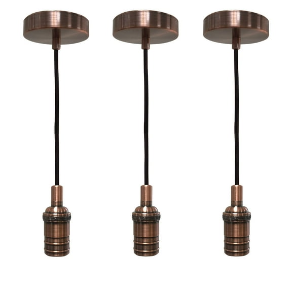 Royal Designs Vintage-Style Antique Copper Keyless Pendant Light Socket and Canopy with Brown Rayon Fabric Cord, Set of 3