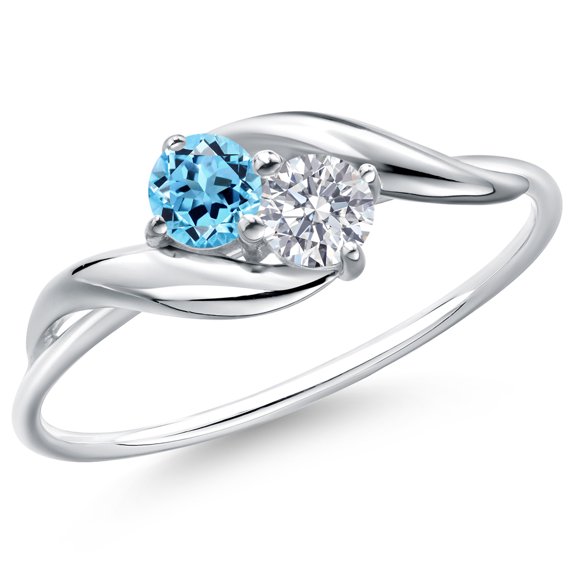 Gem Stone King 10K White Gold Round Swiss Blue Topaz and White Lab Grown Diamond Ring for Women (0.37 Cttw, Round 3.5MM, Gemstone November Birthstone, Size 7)