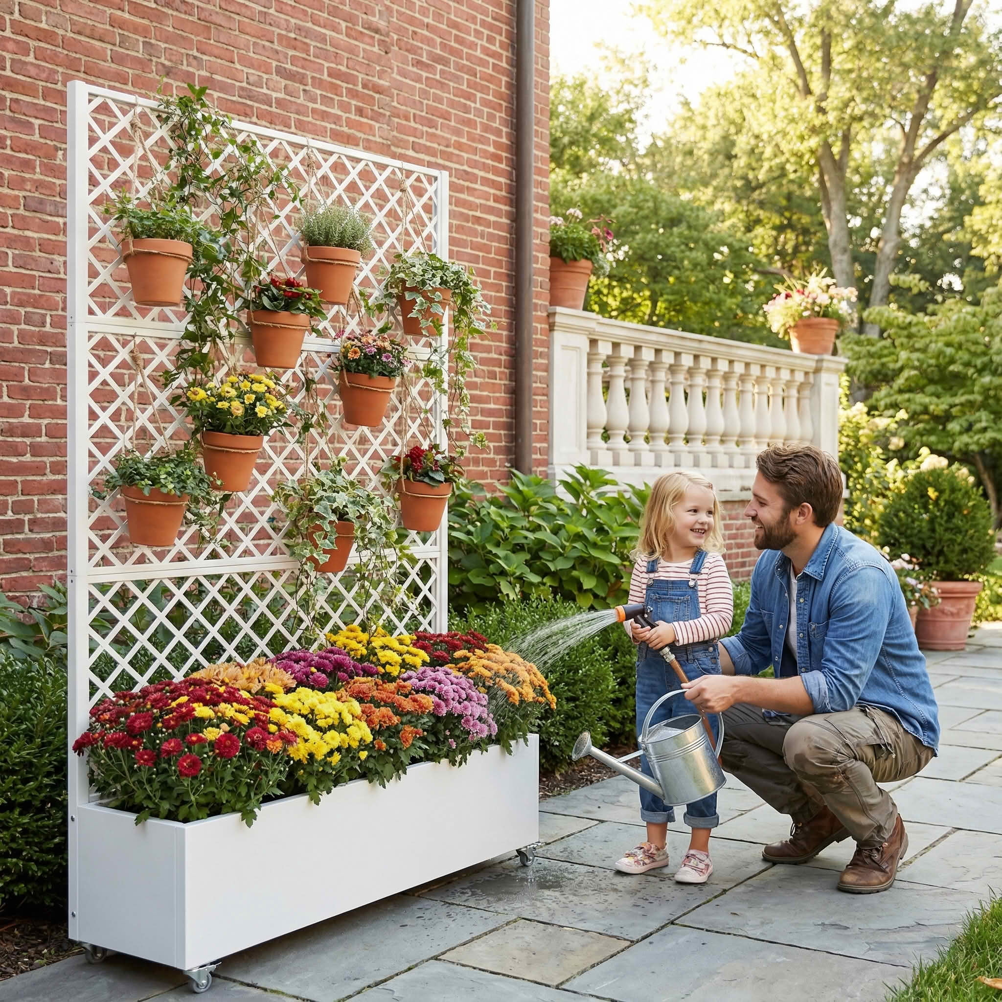 MAYEERTY 72X47" Metal Outdoor White Privacy Screen with Planter Box for Backyard & Garden, 3 Piece Set