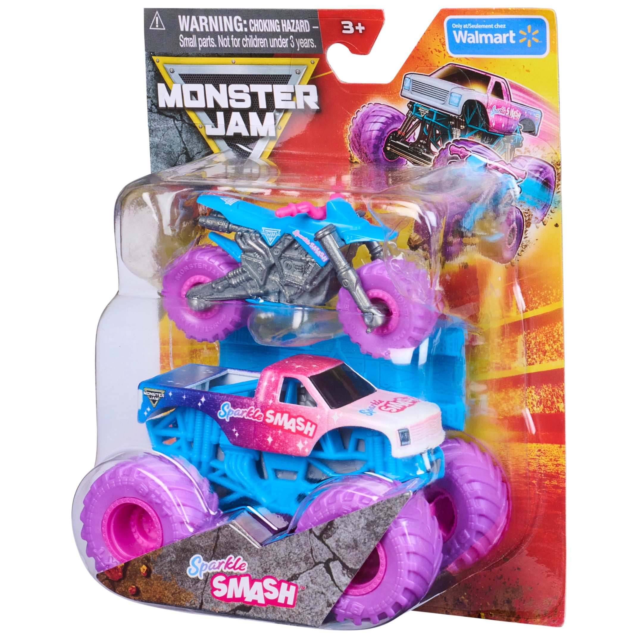 Monster Jam Sparkle Smash Monster Truck and Dirt Bike Vehicle 2-Pack, 1:64 Scale