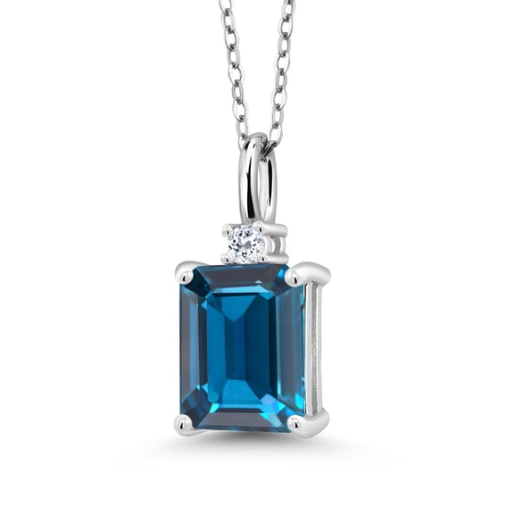 Gem Stone King 2.75 Cttw London Blue Topaz and White Topaz Pendant Necklace for Women | 925 Sterling Silver | Gemstone November Birthstone | Emerald Cut 9X7MM | With 18 inch Silver Chain