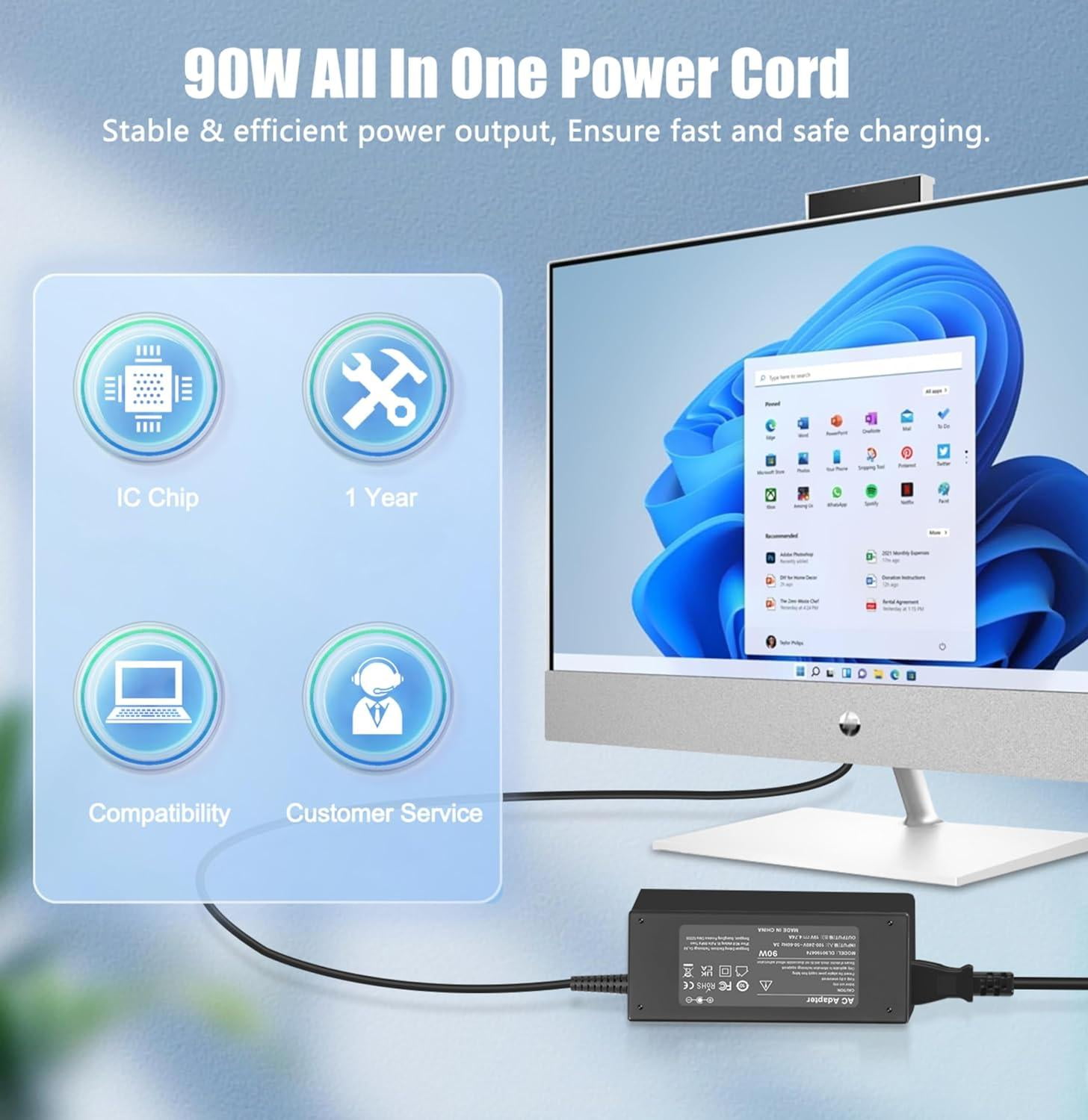 90W AC Adapter for HP Pavilion All-in-One Desktop 27" 24" 23" 22" 21" 20" 19" 18" 22-DD 24-CR 24-DP DF 27-CR 22-DD0224 24-CR0042 27-CR0082 24-dd0210 22-3010 19-2304 18-5110 Monitor Charger Power Cord