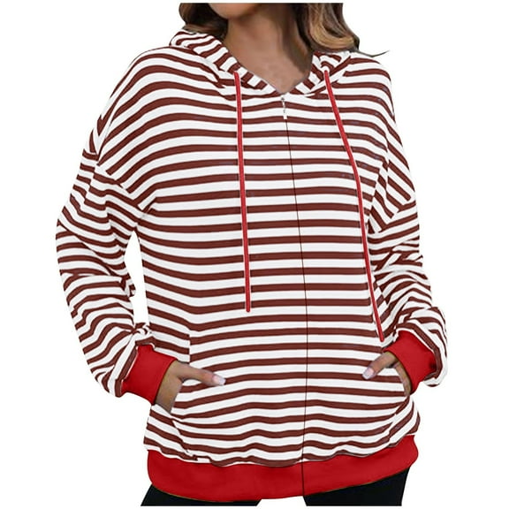 Pitauce Womens Full Zipper Up Long Sleeve Hoodies Stripes Colorblock Hooded Sweatshirts Casual Loose Cardigan Coat with Pockets