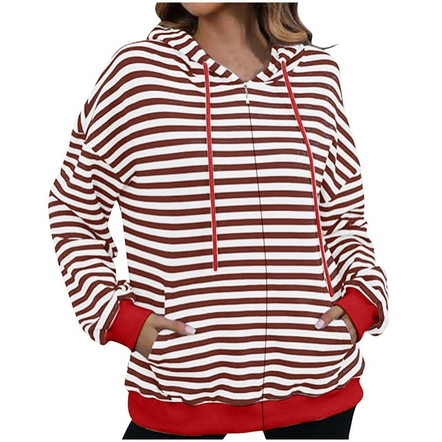 Hvobtty Vestes Décontractées à Manches Longues pour Femmes, Manteau à Capuche Imprimé Rayé à Fermeture Éclair pour Femmes