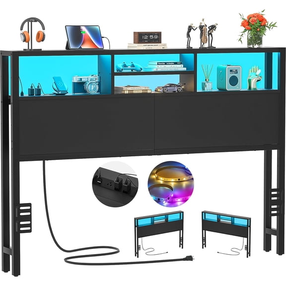 Headboard for Queen Size Bed with Storage, Headboards with Outlets, USB Ports and LED Light, Queen Size Head Board Only, Height Adjustable, Reversible, Sturdy and Stable Headboard, Black