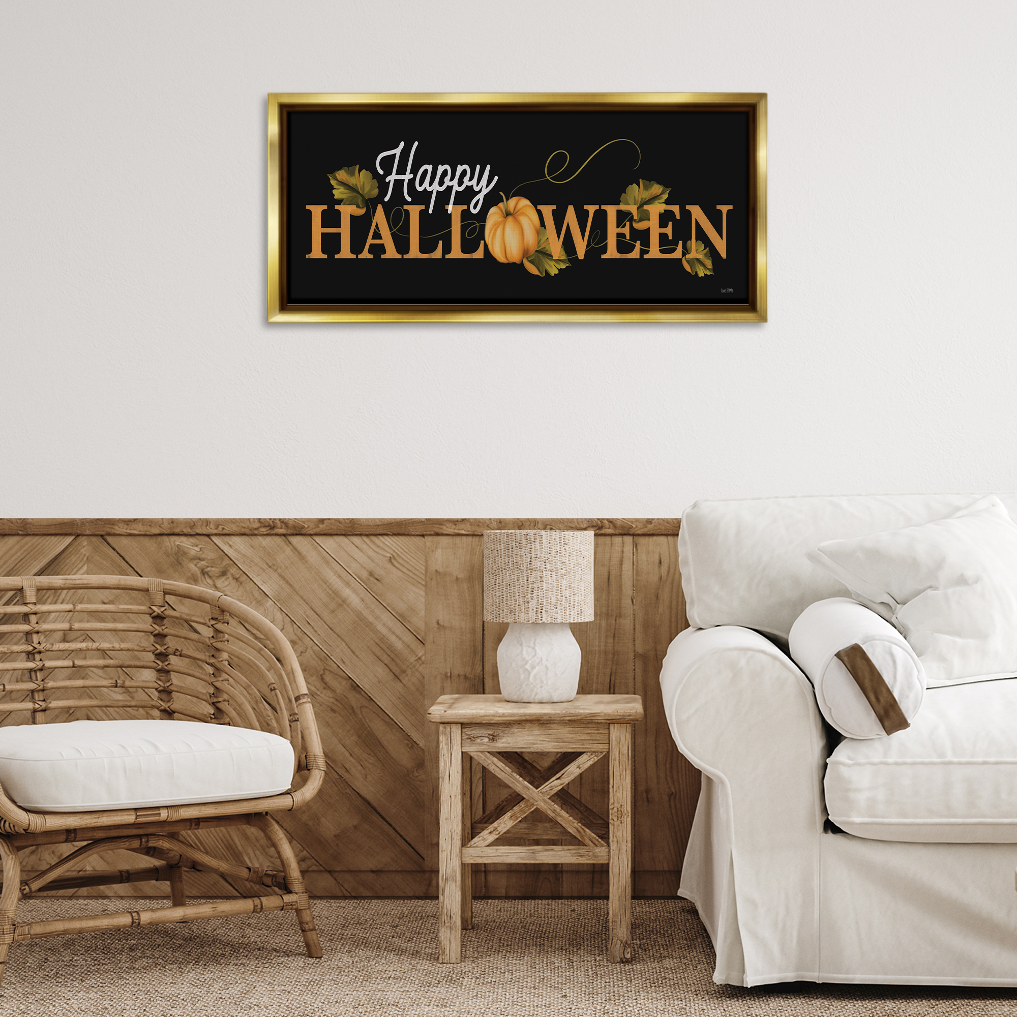 Stupell Industries Happy Halloween on Black Holiday Painting Gold Floater Framed Art Print Wall Art, 31 x 14