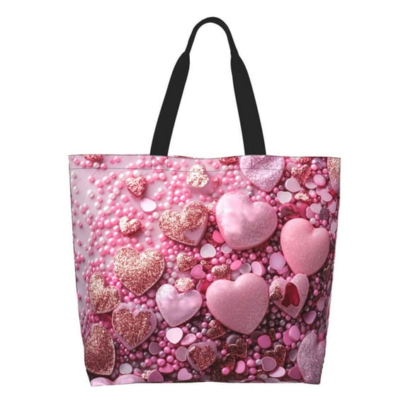 Honeii Pink Glitter Heart Candy Print Tote Bag for Women, Foldable Tote Bag Large Shoulder Bag Top Handle Handbag for Travel, Work