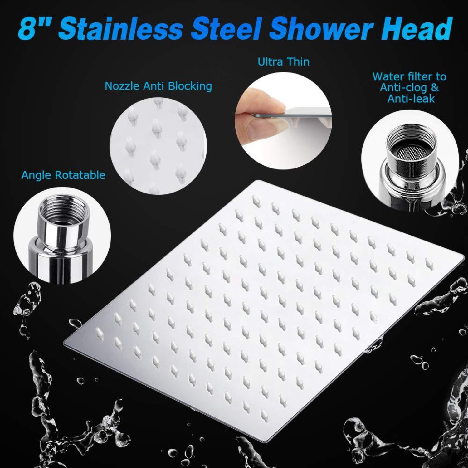 BN-LINK 8-Inch Rain Shower Head Combo with 9 Spray Patterns photo 5