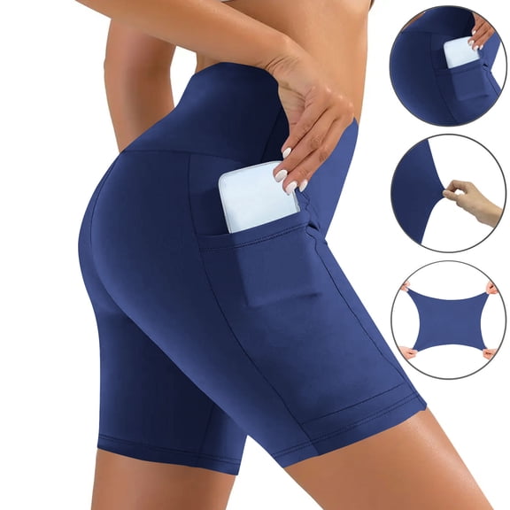 Felirenzacia Women's and Women's Plus Short Leggings with Pockets High Rise Tummy Control Butt Lifting Shorts Athletic Yoga Leggings Blue,L