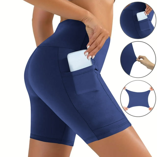 TaTaai Women's High Waisted Yoga Shorts with Pockets Solid Color Stretchy Athletic Workout Shorts Non-See-Through Running Gym Fitness Tummy Control Shorts Gift