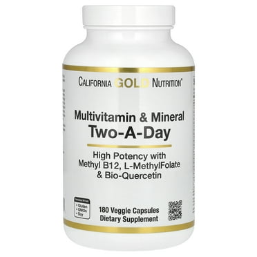 California Gold Nutrition Multivitamin and Mineral with Methyl B12, Vitamin C, L-MethylFolate and Bio-Quercetin, Two-A-Day, 180 Veggie Capsules