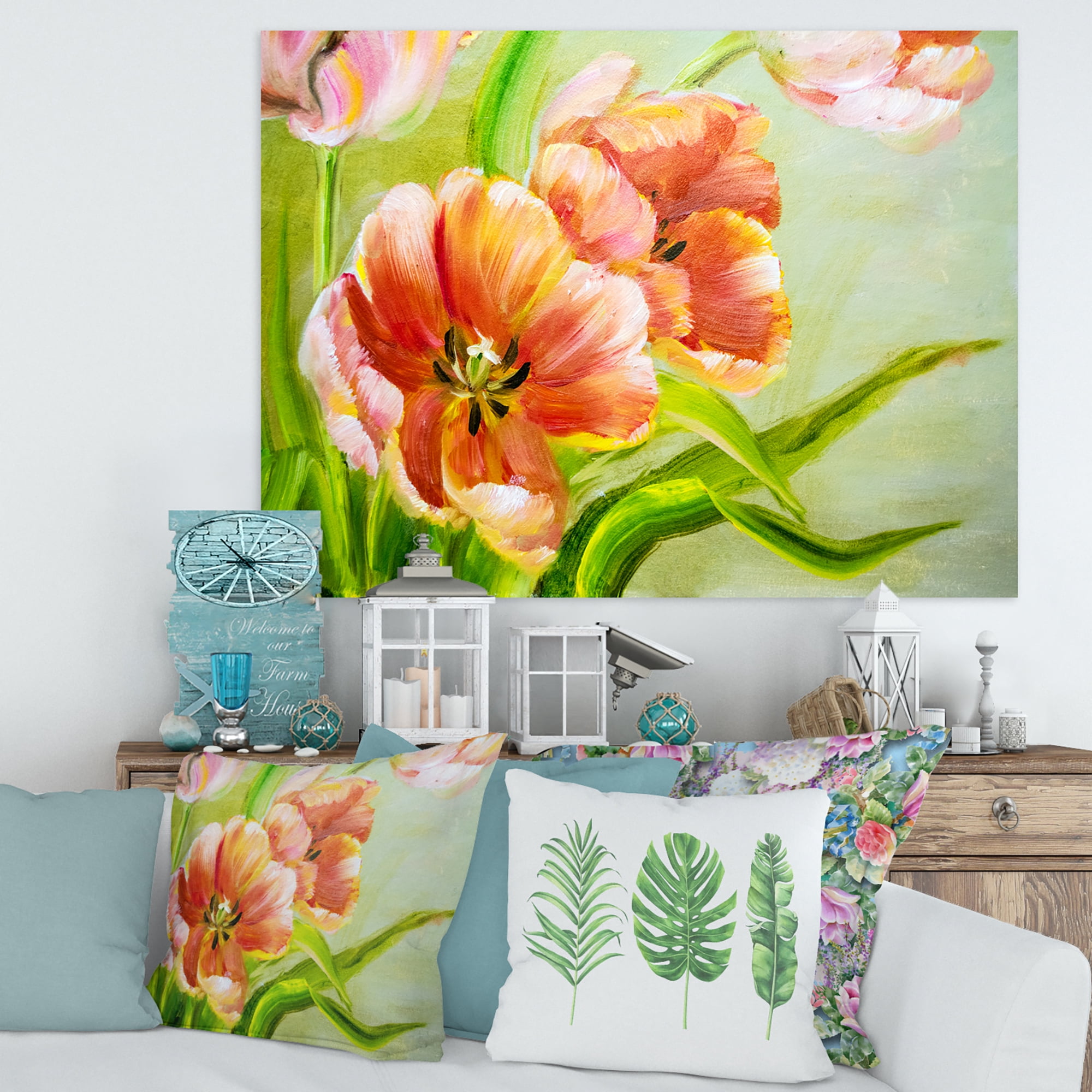 Designart ' Ancient Red Tulips Flowers II ' Traditional Canvas Wall Art Print