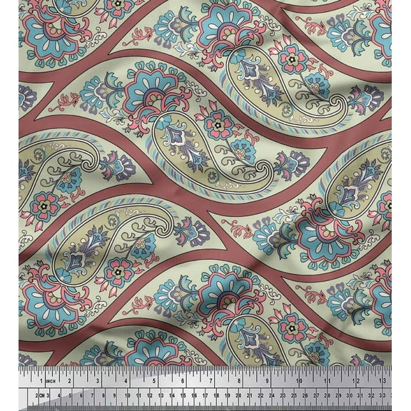 Soimoi Cotton Duck Fabric Waves,Floral & Paisley Printed Fabric 1 Yard 42 Inch Wide