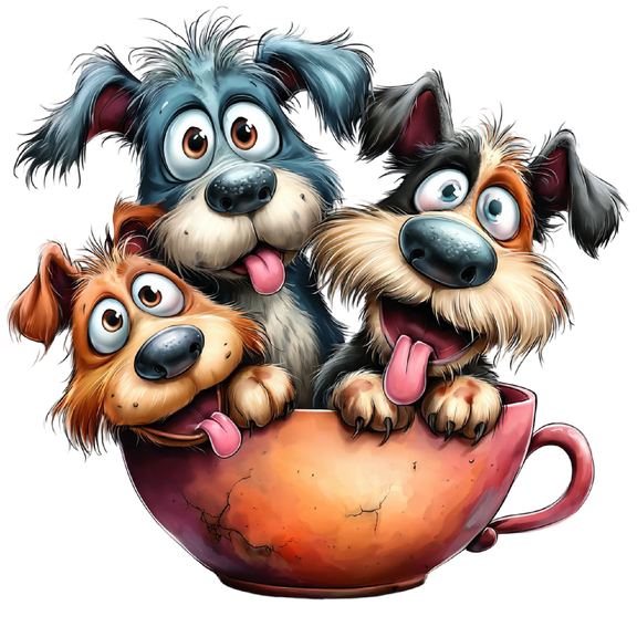 Happy Birthday Dogs 3 Cartoon Dogs with Tongues out Sitting in Teacup Edible Icing Image Cake Topper, by Tnct.