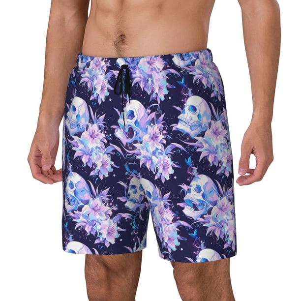 Balery blue starry sky Skull flower Bañador para hombre, shorts de playa de secado rápido con entrepierna y forro de compresión-3X-Large