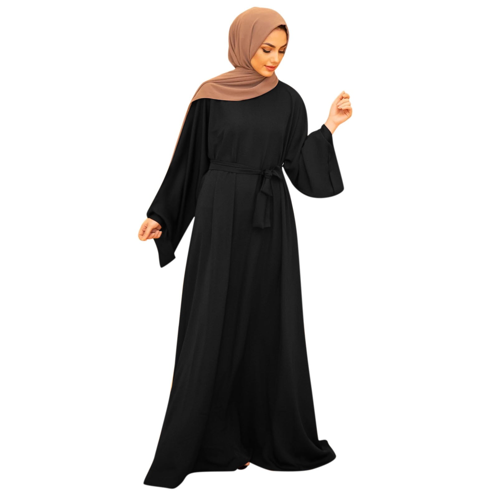 Tangnade Women's Casual Solid Muslim Dress Flare Sleeve Abaya Islamic Arab Kaftan Dress Black + M