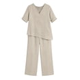thumbnail image 2 of Bosfbaoi Two Piece Sets for Women Linen Blend Relaxed Fit Outfit Set Asymmetrical 3/4 Sleeve V-Neck Tops Elastic Waist Wide Leg Pants Summer Casual Outfits, 2 of 7