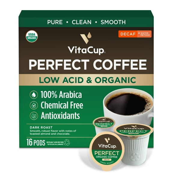 VitaCup Perfect Decaf Low Acid Coffee Pods Compatible w/ Keurig K-Cup Brewers, 16 Ct