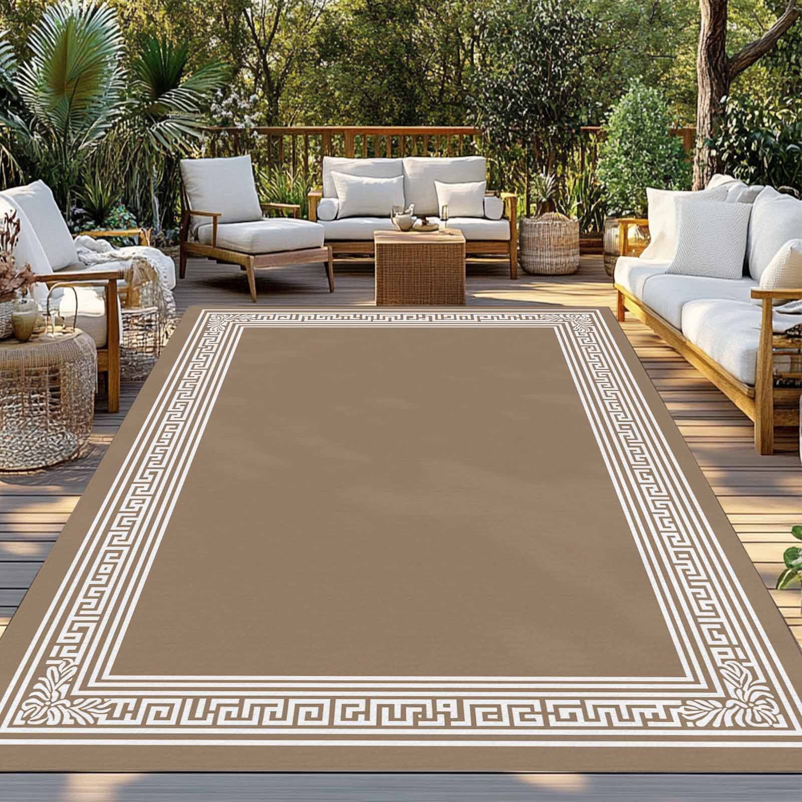 Brown Geometric Outdoor Rug 5x8 Ft - Reversible Patio Rug Outdoor Camping Rugs, Vintage Greece Key Washable Indoor Outdoor Area Rugs, Non-Slip Outdoor Carpet Runner for Deck/Porch