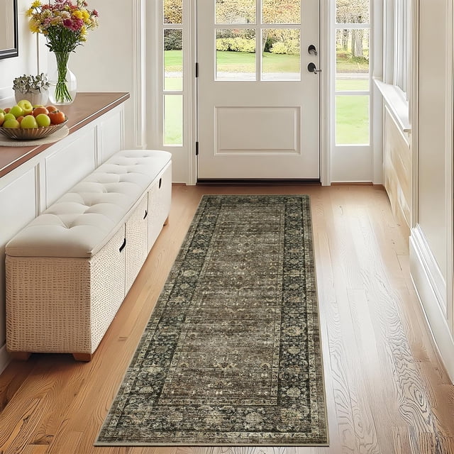 Floral Kitchen Rugs 2x6, Washable Non Slip Distressed Print Entryway Mat Ultra Thin Low Pile Runner Rug for Hallway Laundry Bathroom, Taupe