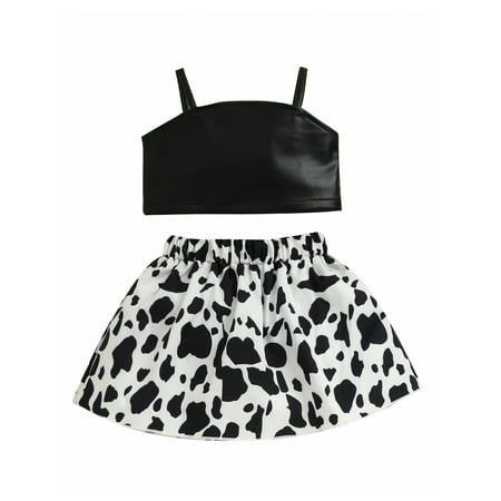 

Seyurigaoka Baby Girl Summer Clothes Set Solid Color Leather Camisole Tank Tops + Cow Print A-Line Elastic Waist Skirt