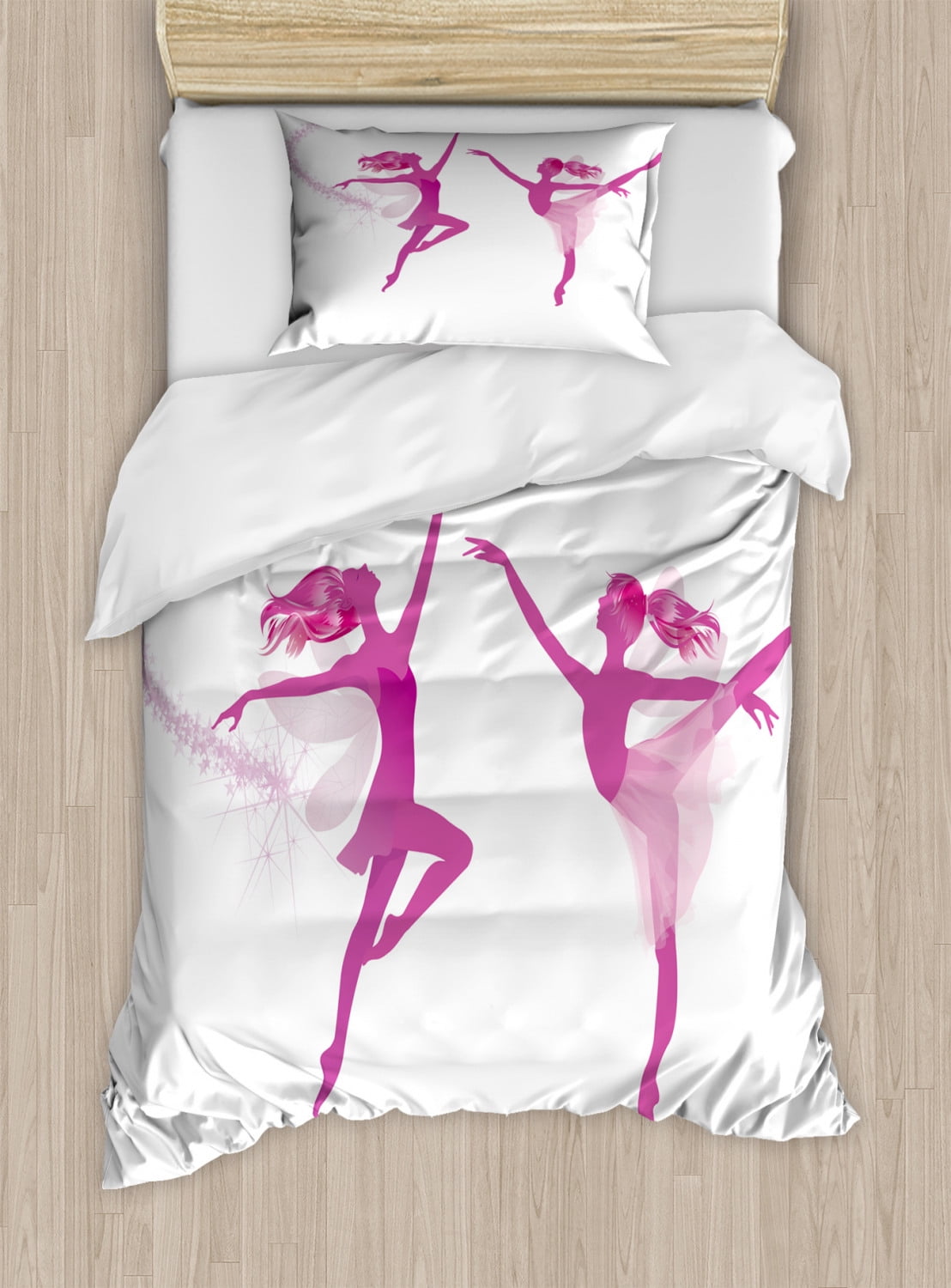 Ballet Duvet Cover Set Twin Size, Two Ballerina Fairies Dancing Female