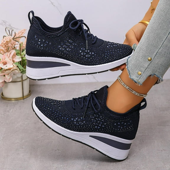 Willtoo Rhinestone Sneakers for Women 2025,Women's Rhinestone Mesh Slip-On Walking Shoes Fashion Breathable Spakle Glitter Sneaker Orthopedic Wedge Lightweight Shoes Sparkly Bling Loafer Dark Blue