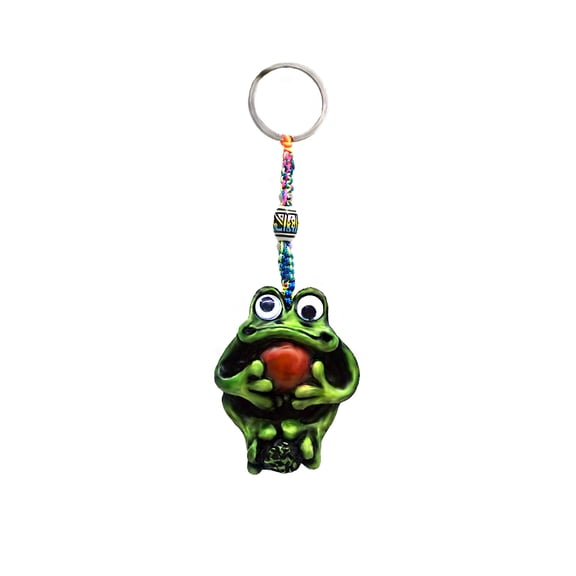 Frog Tropical Animal 3D Figurine Keychain Multicolored Macramé Metal Ring - Handmade Gifts Boho Car Keys Bag Accessories