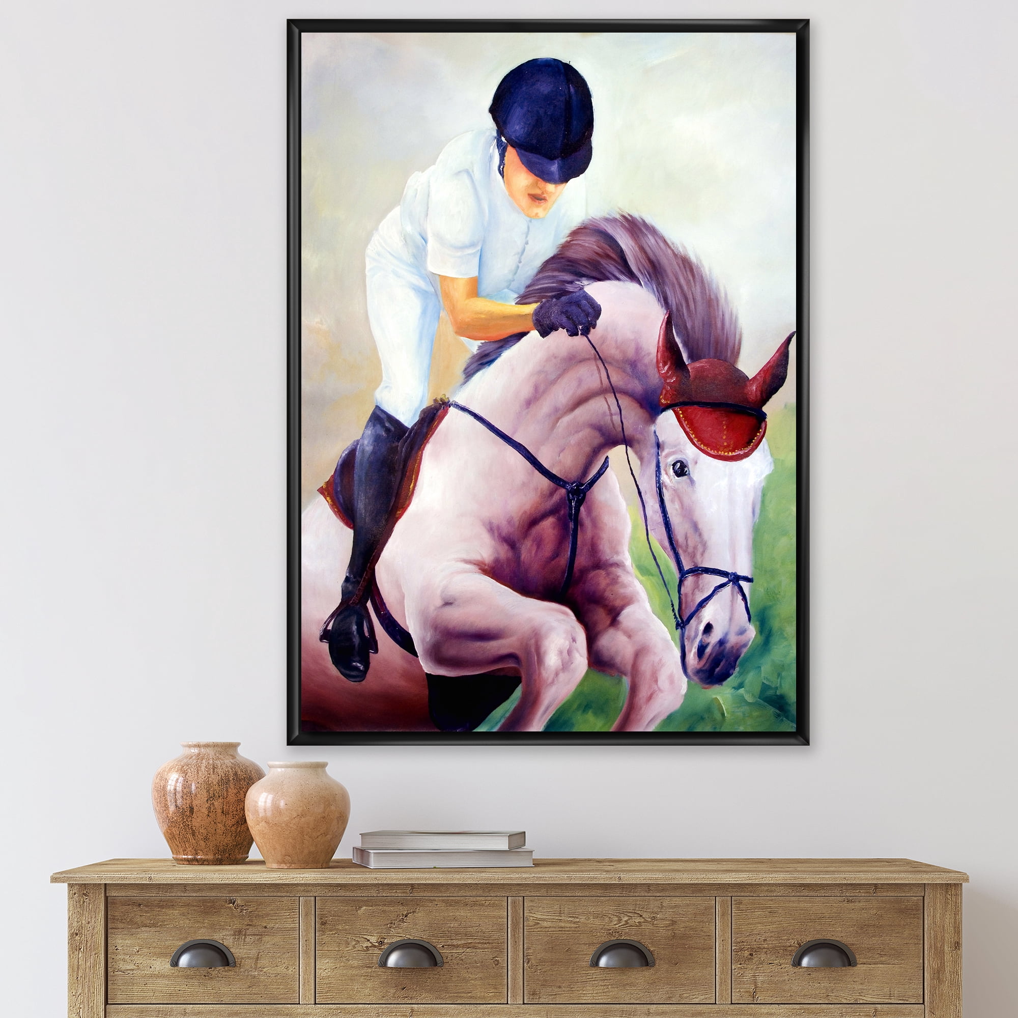 Designart 'Jockey On Galoping Pink Horse' Farmhouse Framed Canvas Wall Art Print