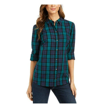 CHARTER CLUB $44 Womens New Green Plaid 3/4 Sleeve Top PM Petites B+B