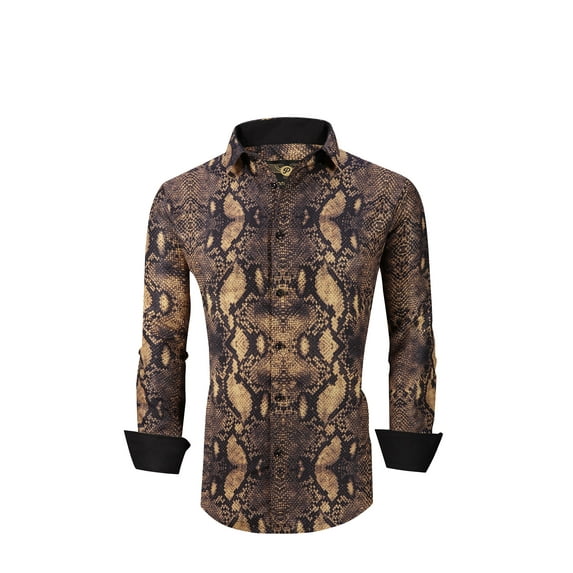 Men PREMIERE Long Sleeve Button Down Dress Shirt Black Gold Snake Skin Print